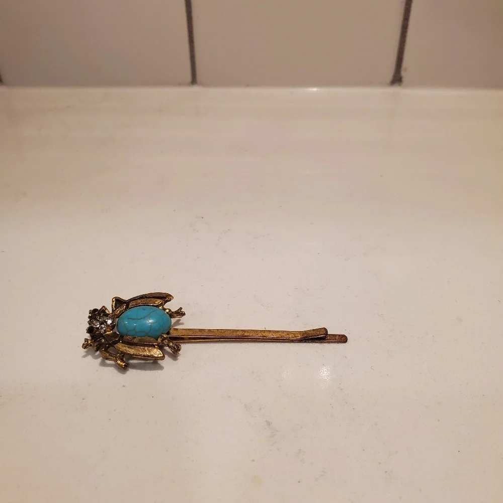 Turquoise Jem Beetle Brass Hair Pin Teal Stone Rhinestones Preppy Vintage Artsy